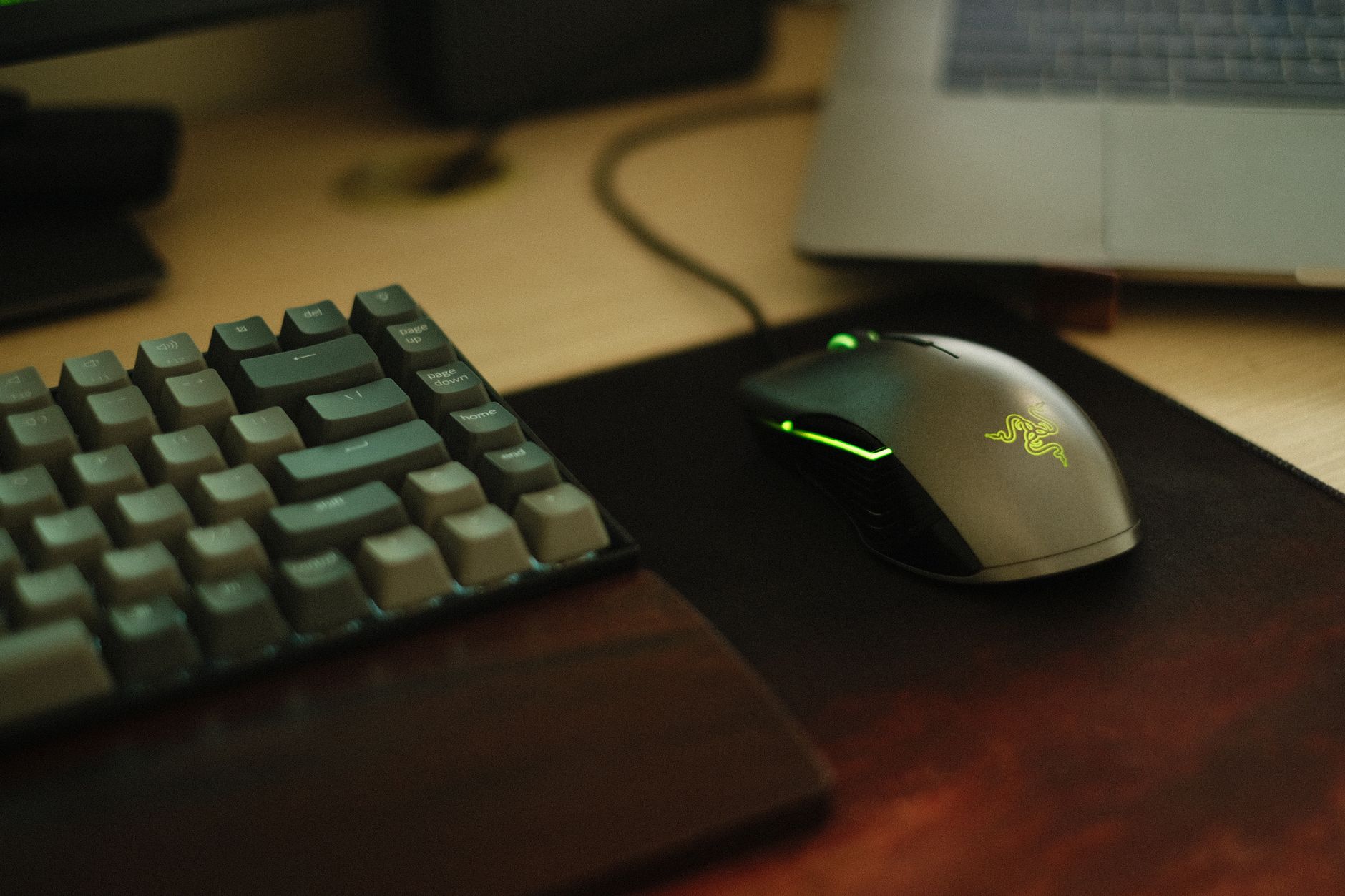 Close-up of a gaming mouse with illumination next to a mechanical keyboard on a desk.