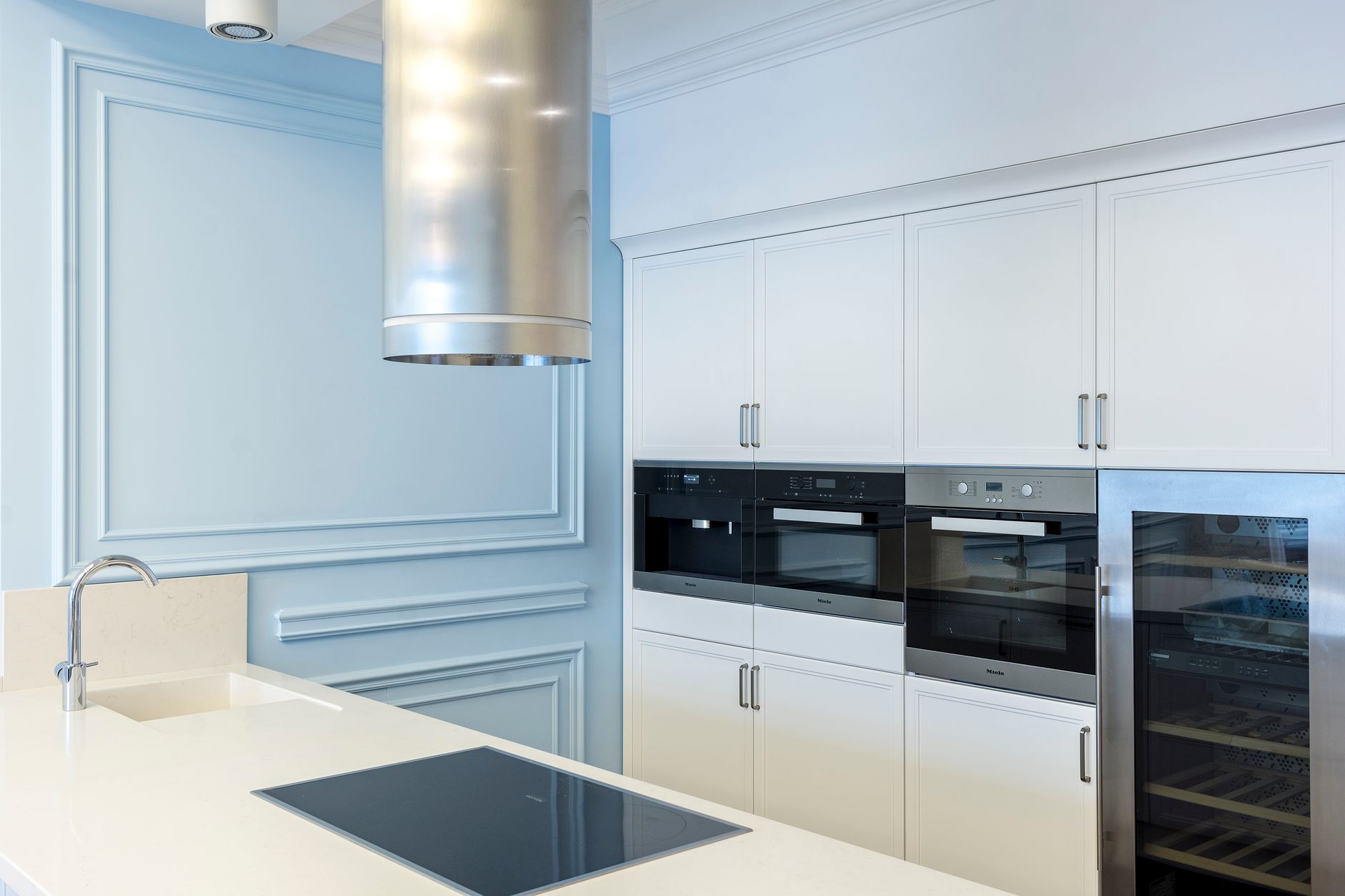 A sleek and contemporary kitchen featuring built-in ovens and a minimalist design with ample cabinet space.