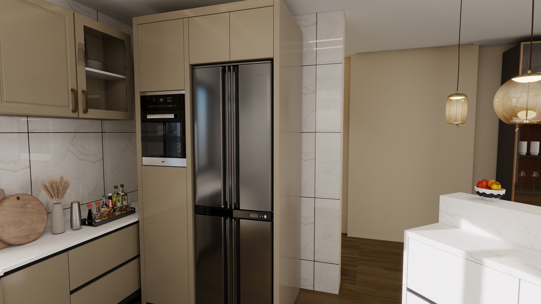 Sleek modern kitchen interior featuring stainless steel fridge and neutral tones.